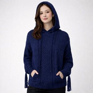 ALPACA HOODIE CABLE KNIT FISHERMAN WOOL-SWEATER SIZE XS NAVY BLUE